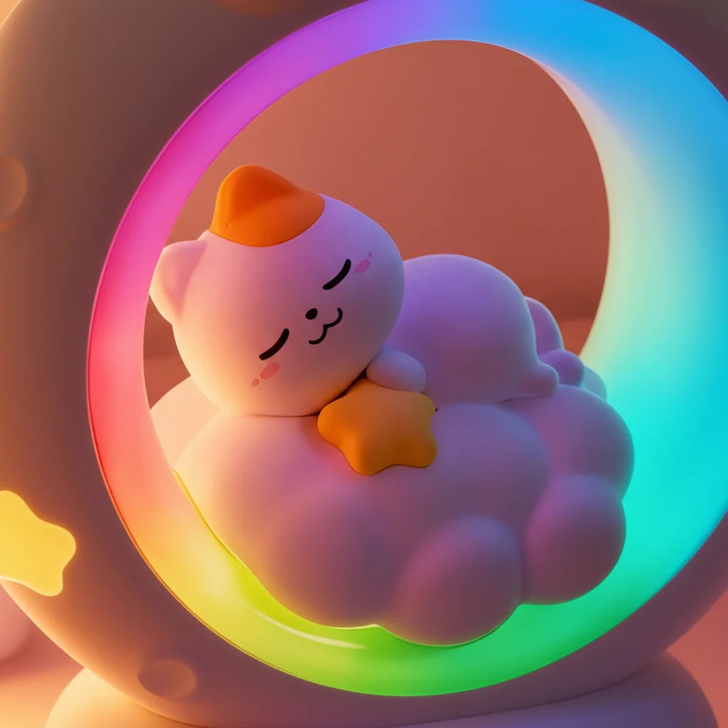 Veilleuse chaton endormi sur un nuage avec anneau multicolore