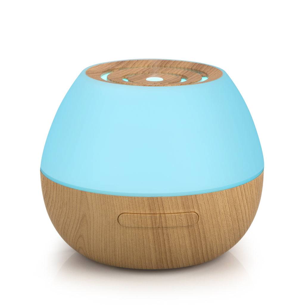 Diffuseur d'huiles essentielles rond à base effet bois, lumière d'ambiance bleue