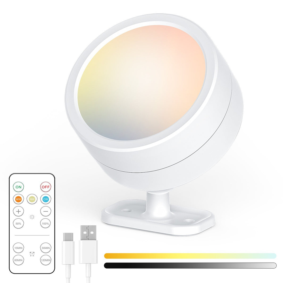 Applique murale sans fil ronde blanche orientable, avec télécommande et câble de recharge