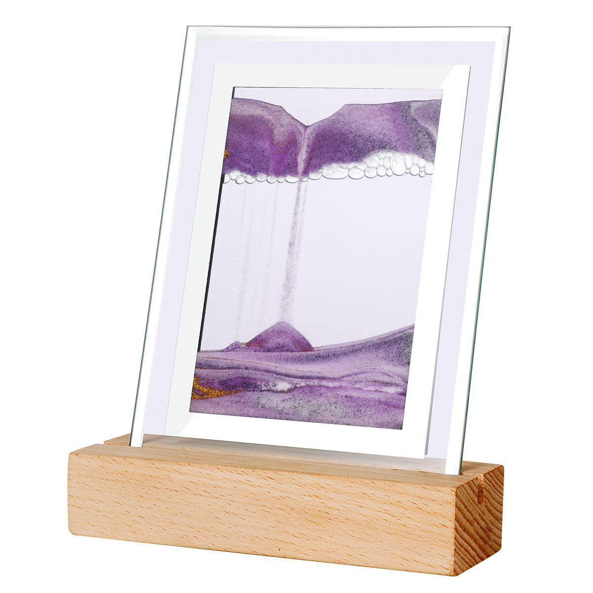 Lampe sable mouvant violette, cadre rectangulaire en verre sur socle en bois