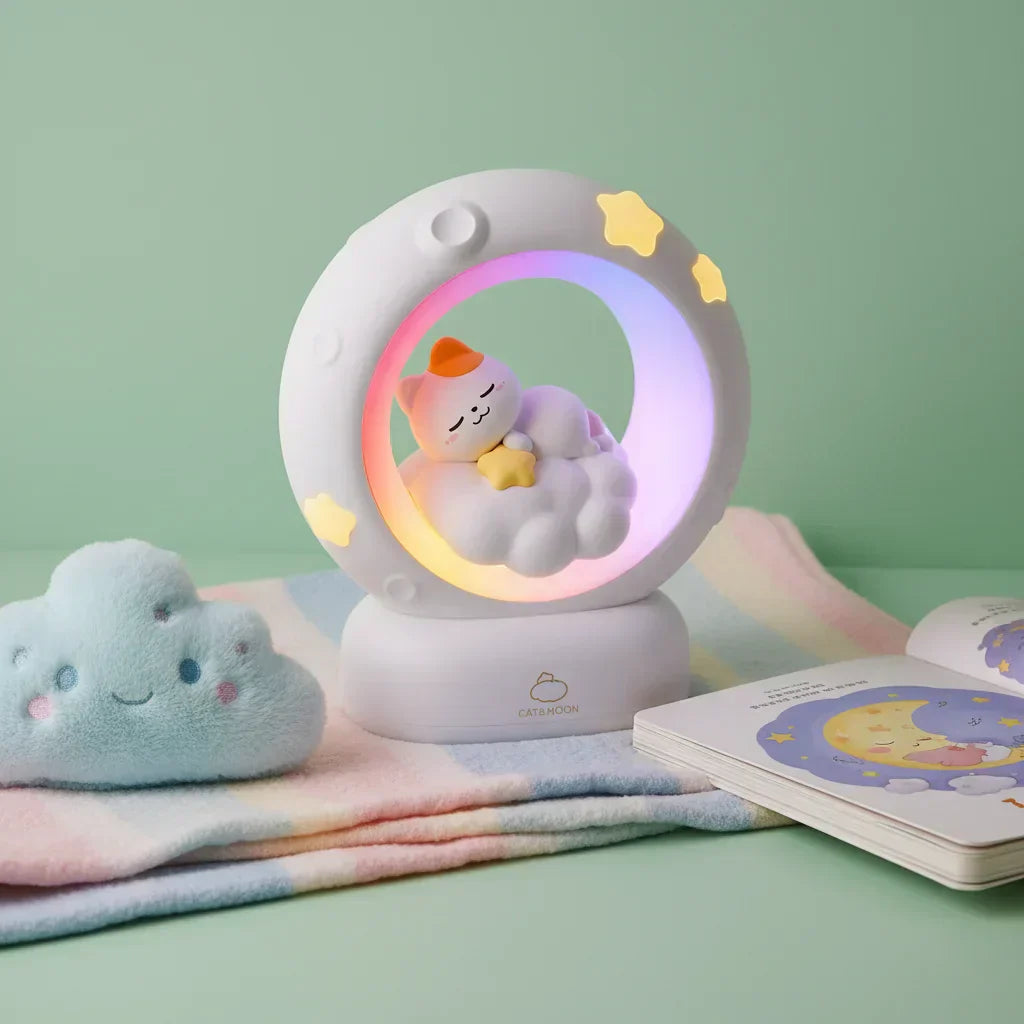 Veilleuse chaton à côté d'un coussin nuage