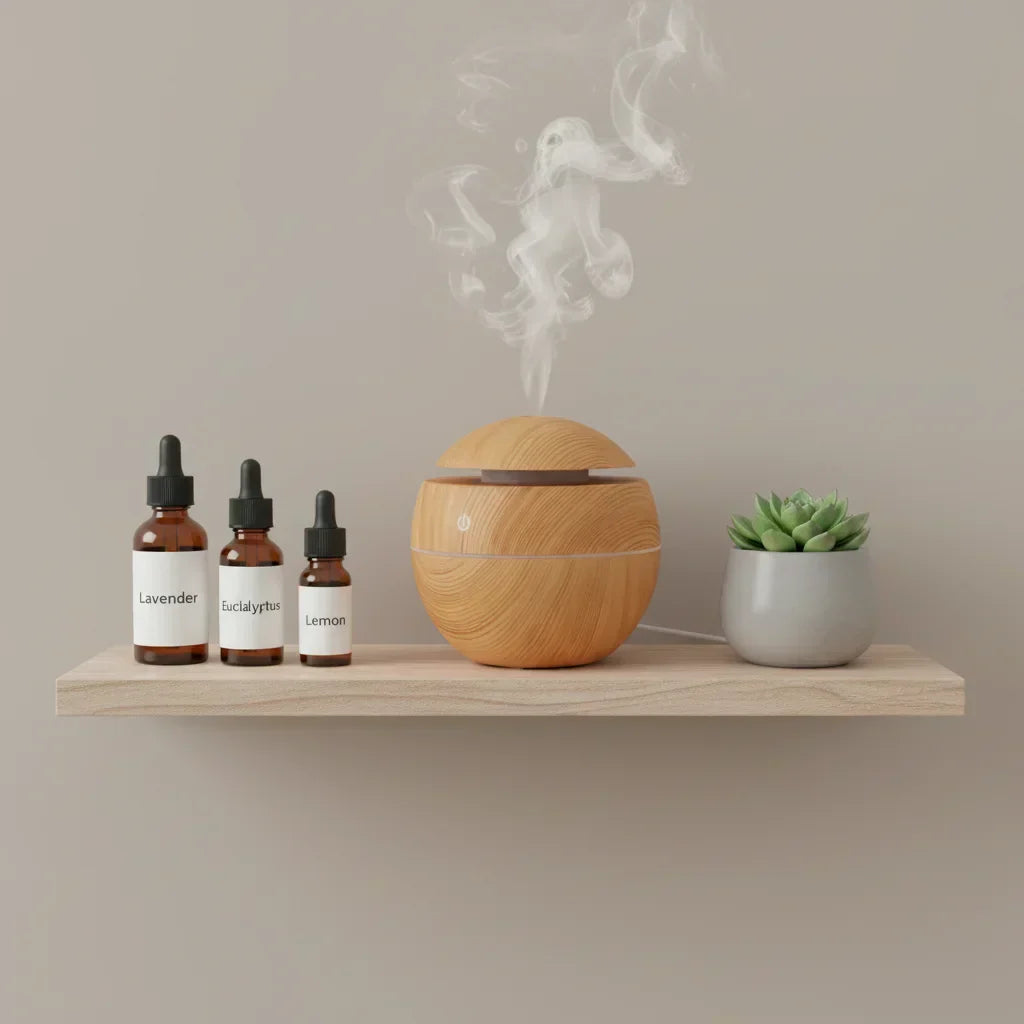 Diffuseur effet bois sur une étagère avec des huiles essentielles