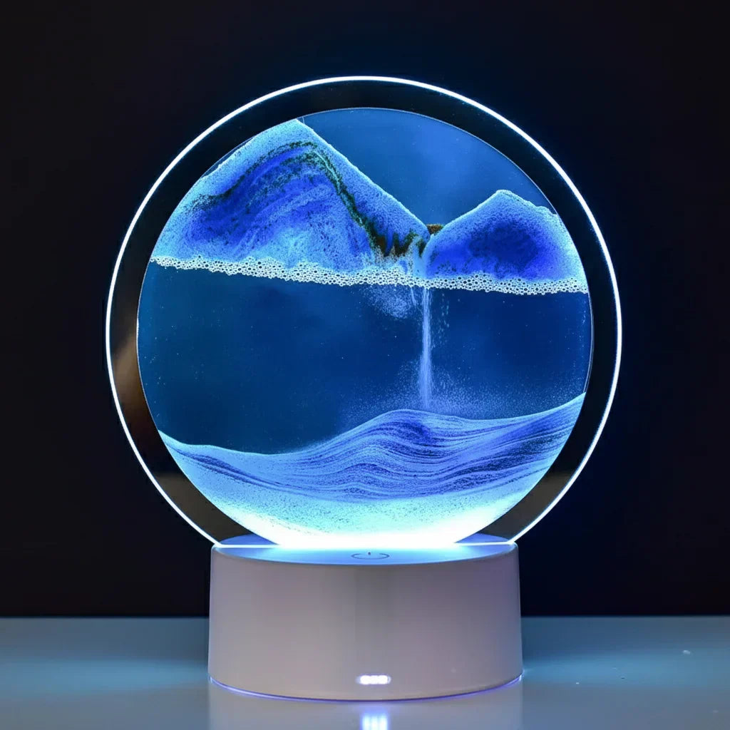 Lampe sable mouvant bleue allumée