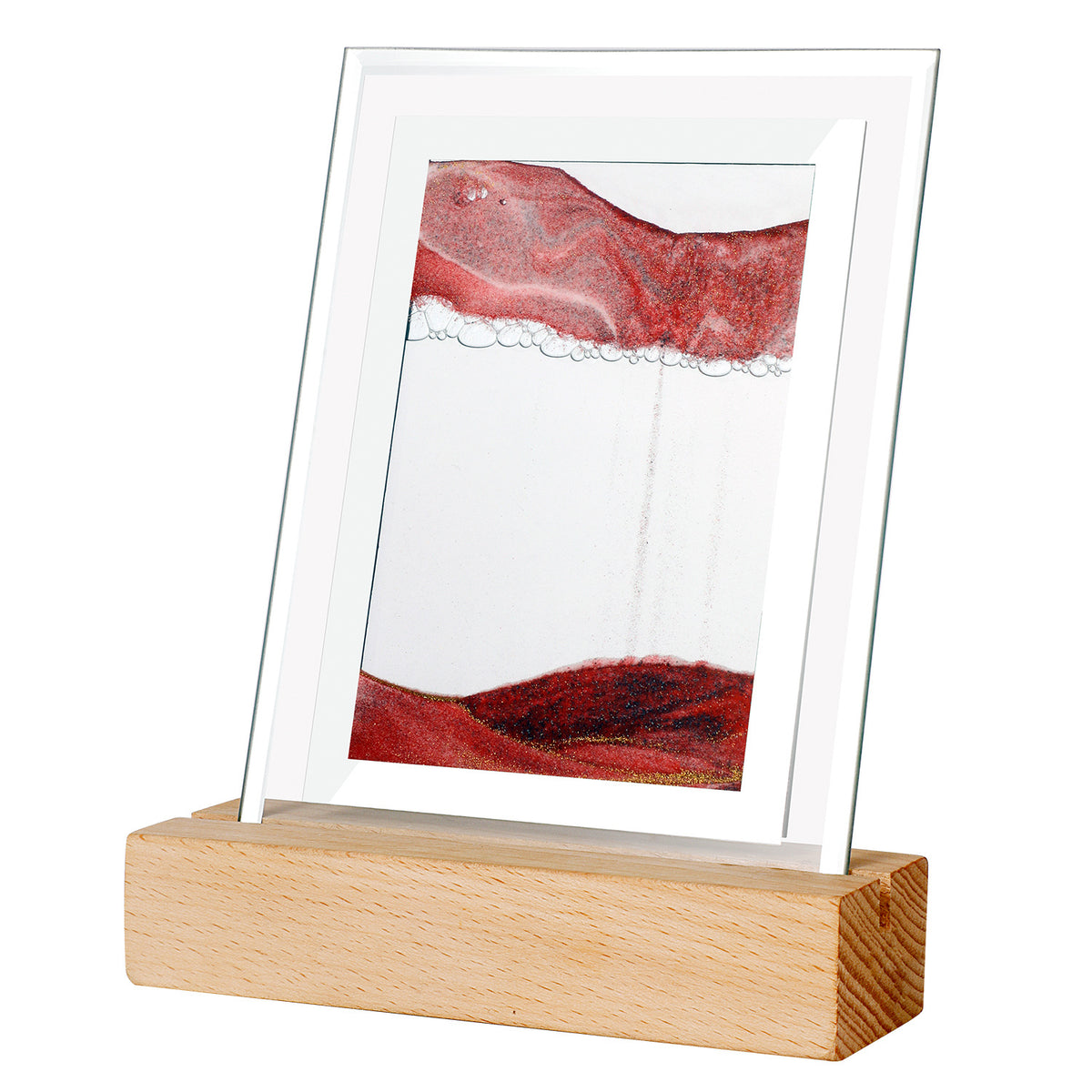 Lampe sable mouvant rouge, cadre rectangulaire en verre sur socle en bois