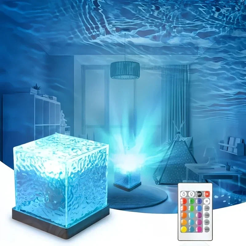 Lampe cube et télécommande avec projection bleue