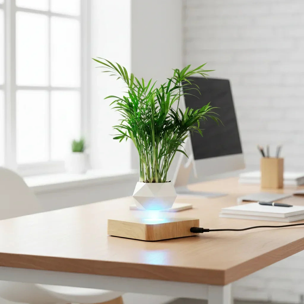 Pot en lévitation avec une plante sur un bureau