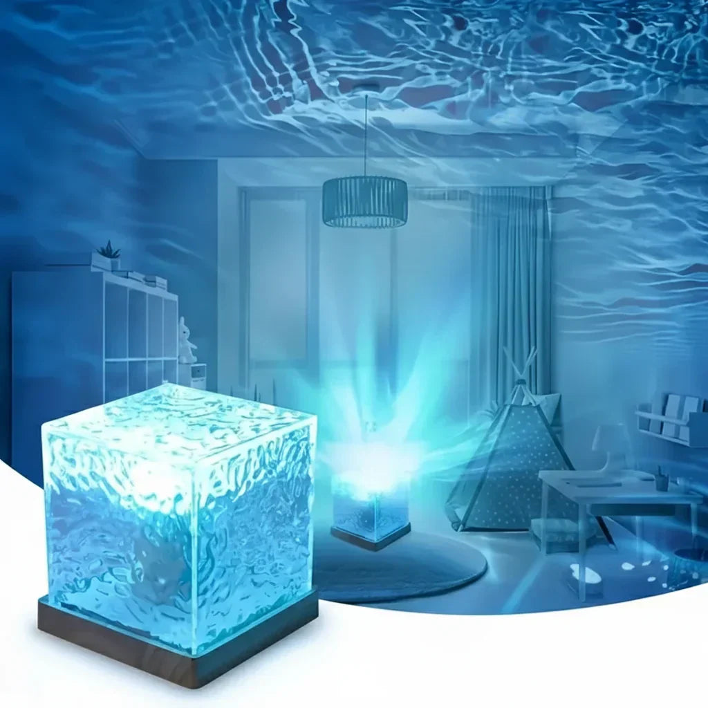 Reflets de vagues bleues projetés par la lampe cube