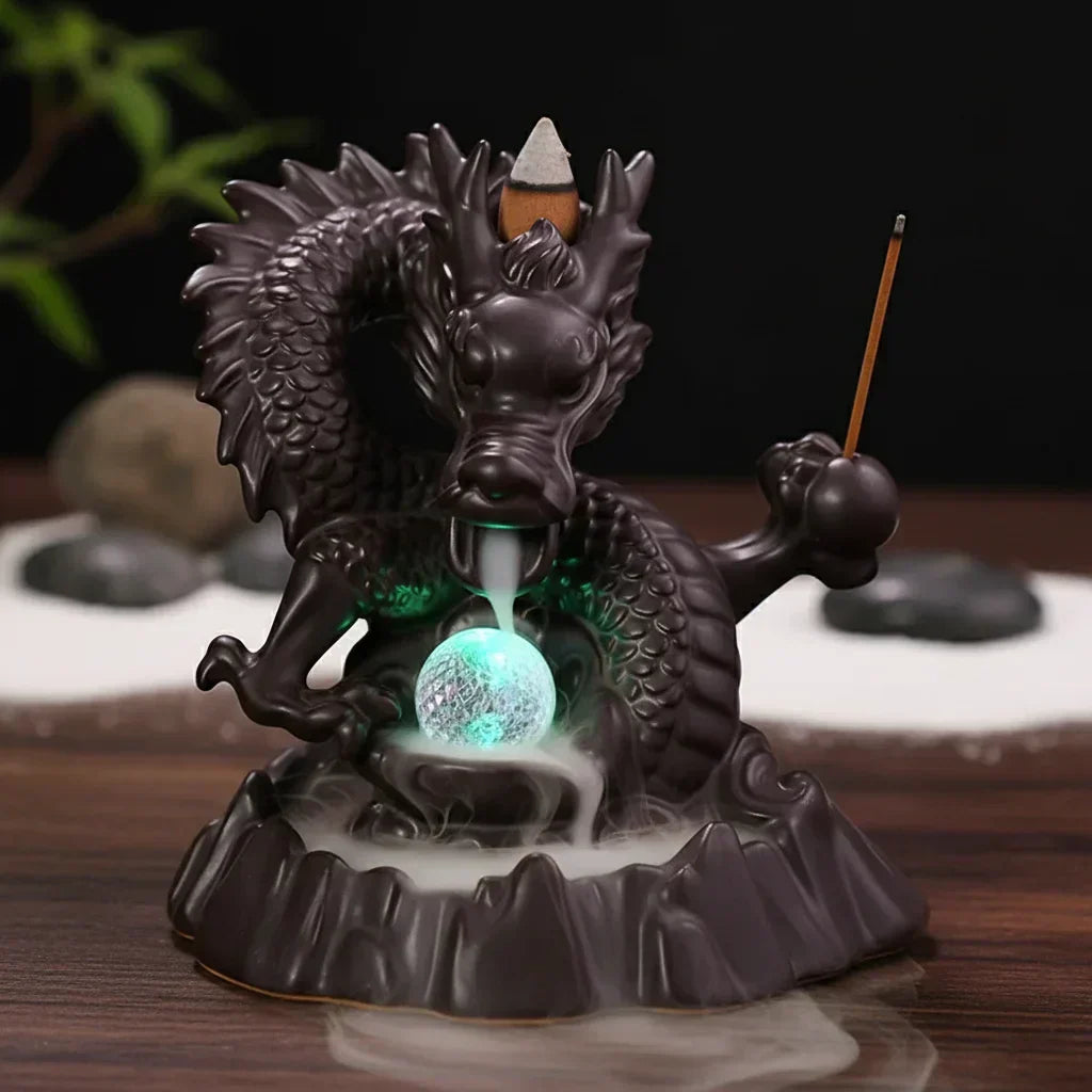 Brûleur d'encens dragon avec boule de cristal lumineuse