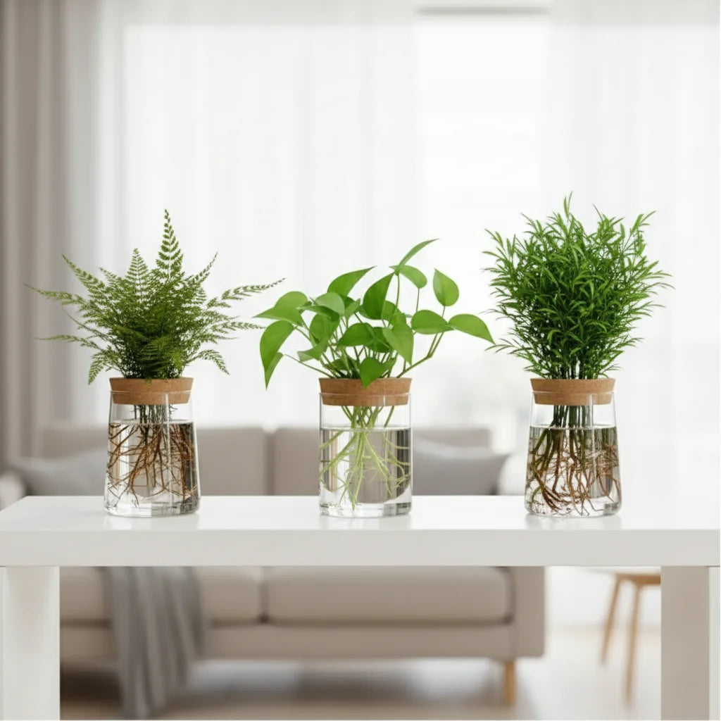 Trois vases hydroponiques avec plantes vertes