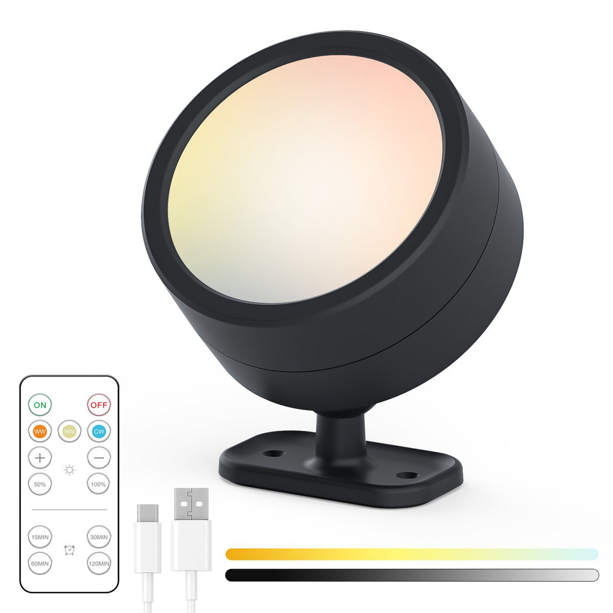 Applique murale sans fil ronde noire orientable sur son support, avec télécommande et câble de recharge