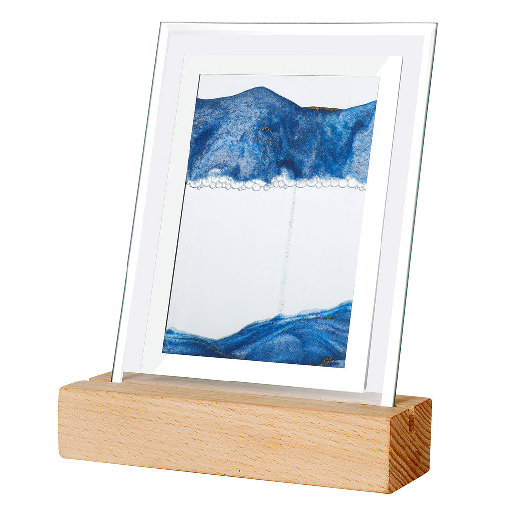 Lampe sable mouvant bleue, cadre rectangulaire en verre sur socle en bois