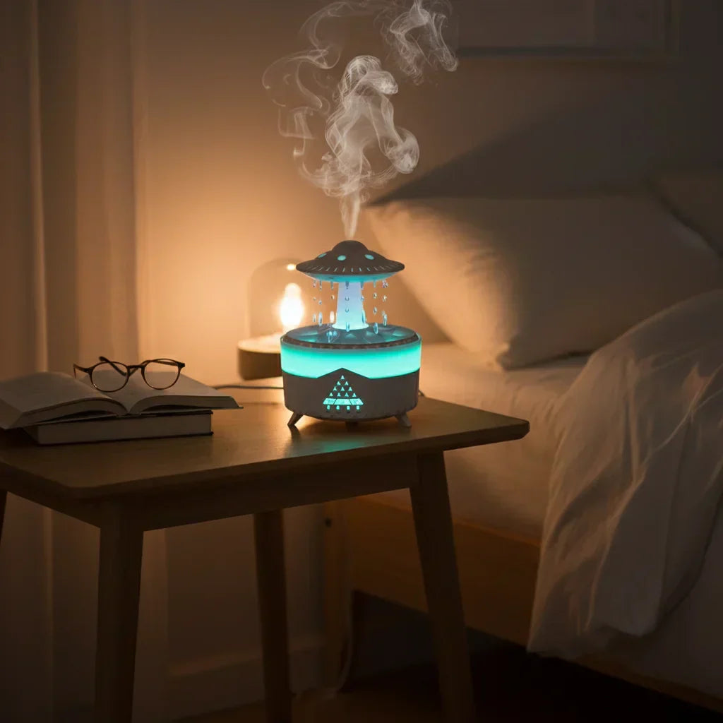 Humidificateur nuage en lumière turquoise dans une chambre