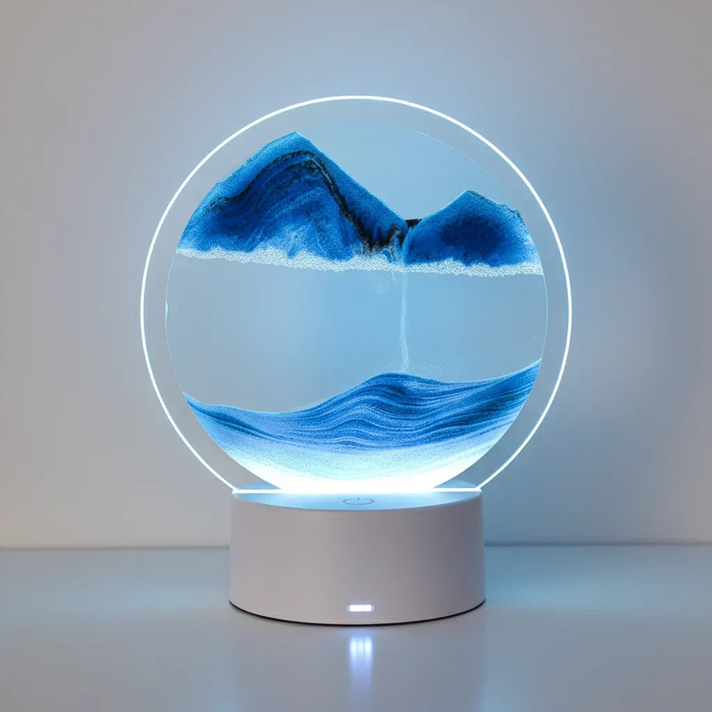 Lampe sablier bleue sur son socle lumineux
