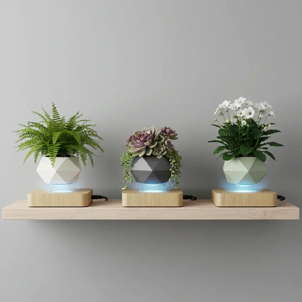 Trois pots en lévitation sur une étagère