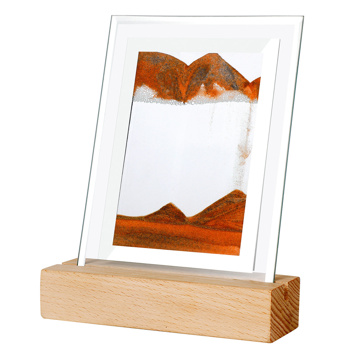 Lampe sable mouvant orange, cadre rectangulaire en verre sur socle en bois