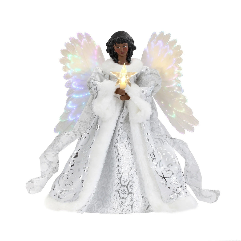 Ange cime de sapin en robe blanche et argent, ailes irisées