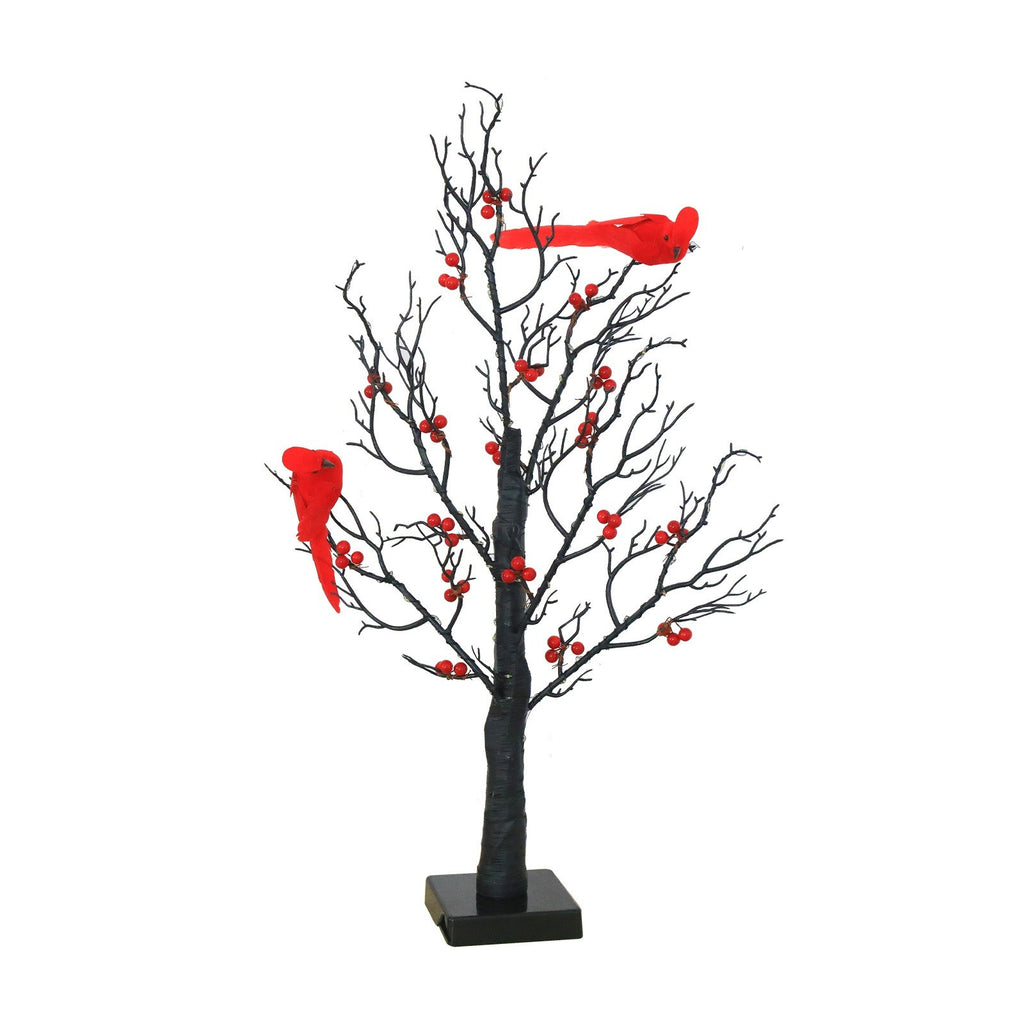 Arbre lumineux aux cardinaux rouges sur fond blanc