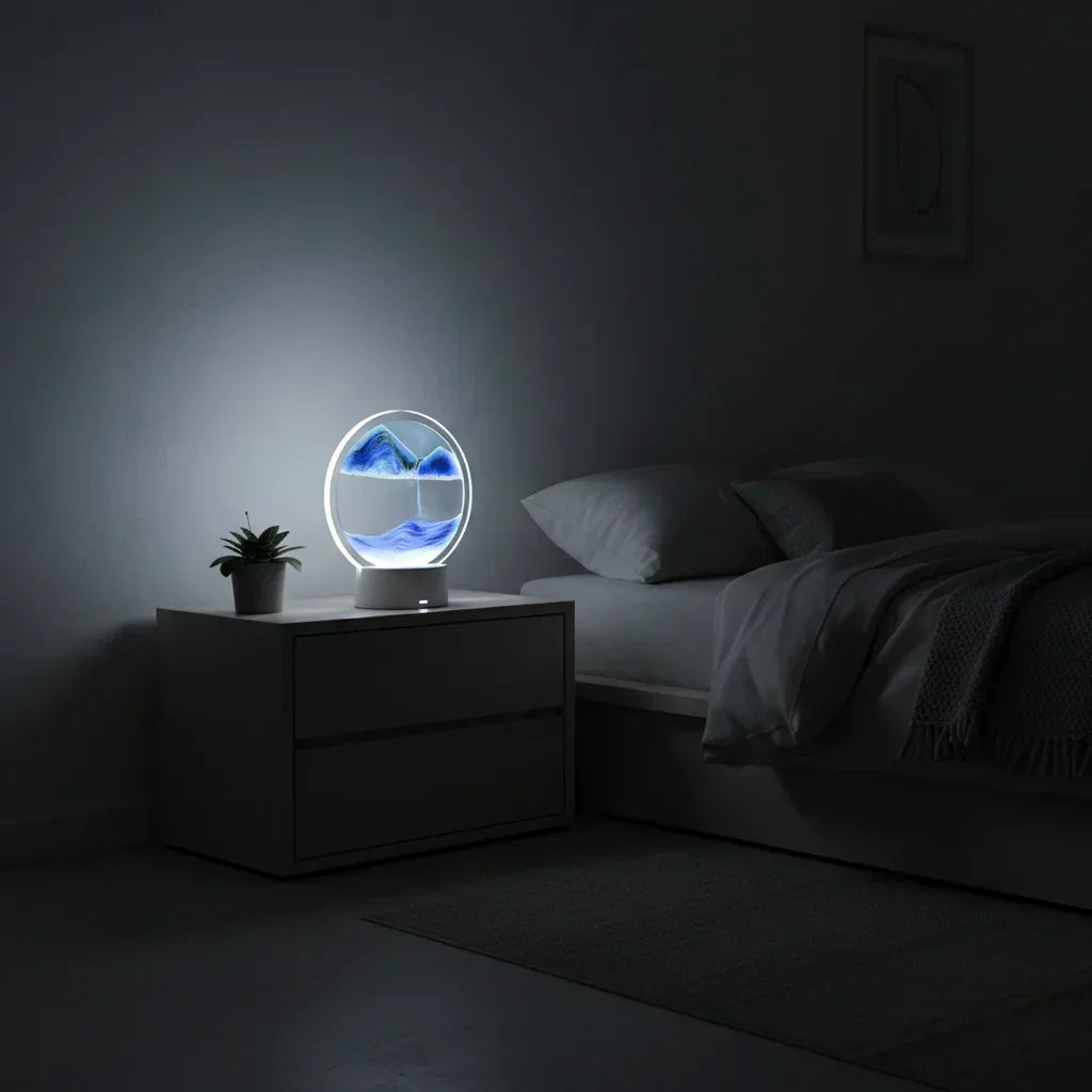 Lampe sable mouvant sur une table de nuit