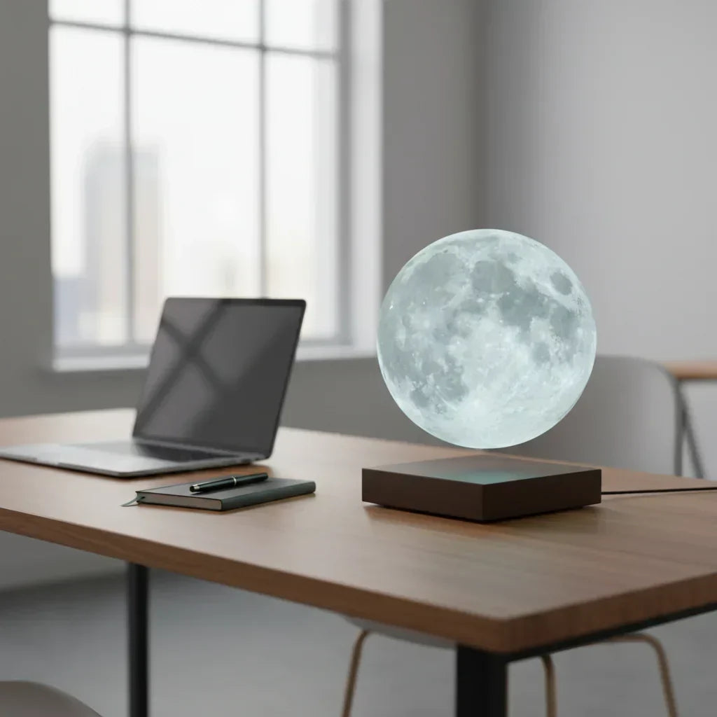Lampe lune en lumière blanche sur un bureau
