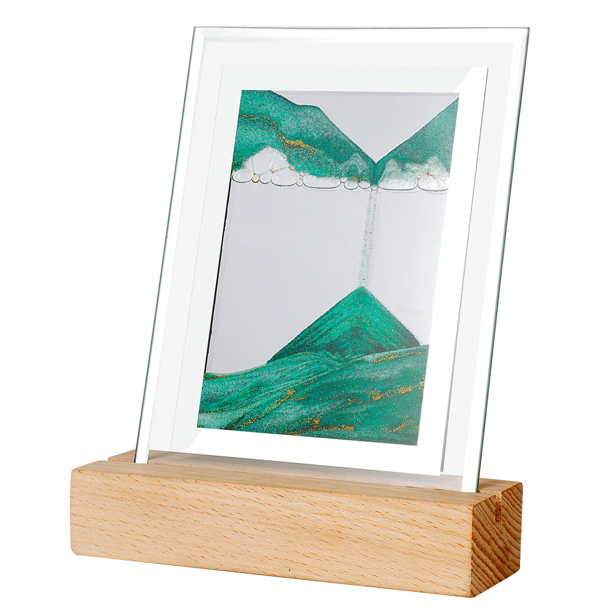 Lampe sable mouvant verte, cadre rectangulaire en verre sur socle en bois