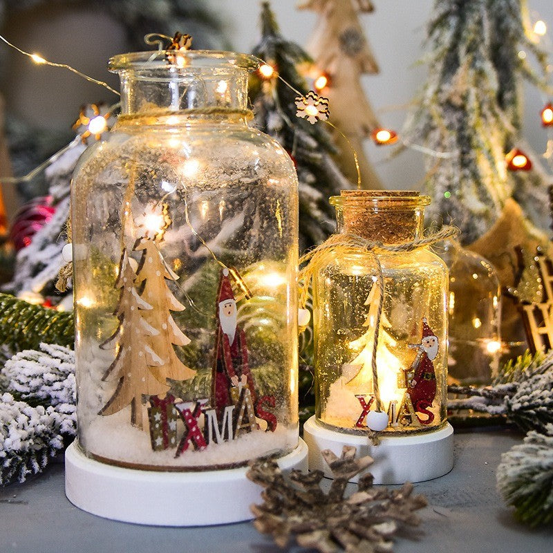 Bocal en verre lumineux avec Père Noël et sapin en bois, bouchon en liège