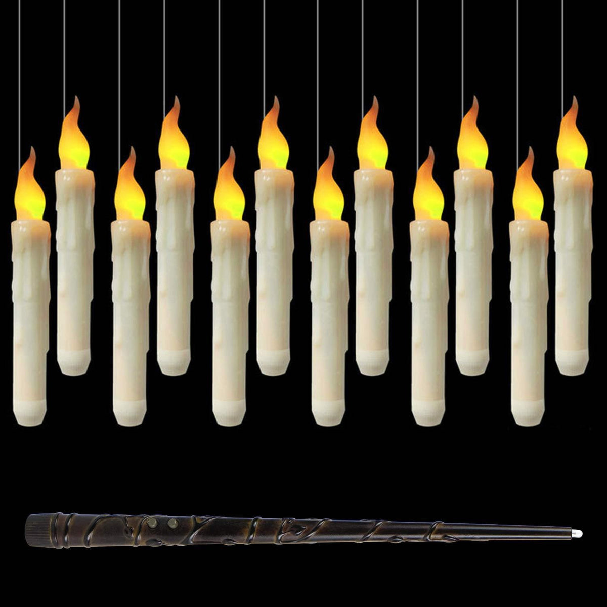 Douze bougies flottantes LED allumées et leur baguette magique