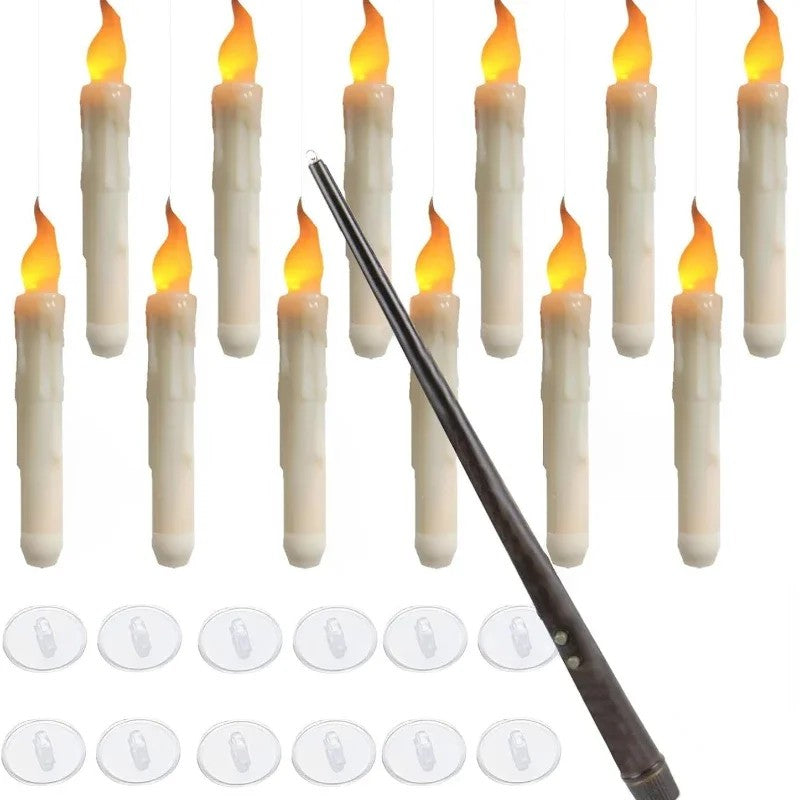 Bougies flottantes LED avec baguette et accroches, sur fond blanc