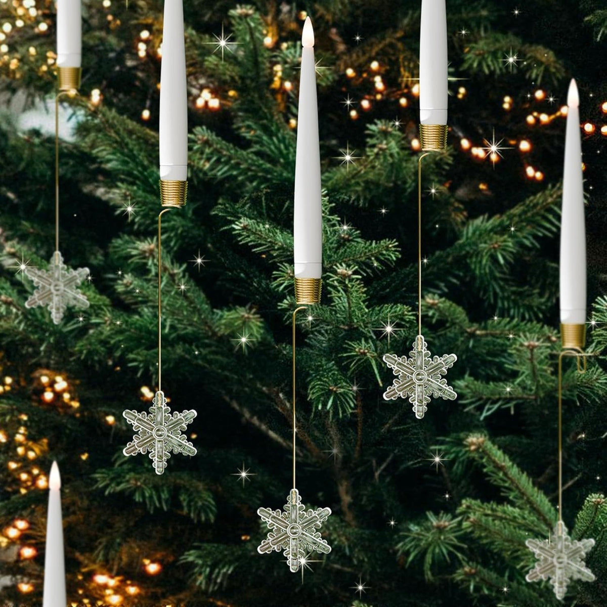Bougies LED de sapin avec pendentifs flocons argentés