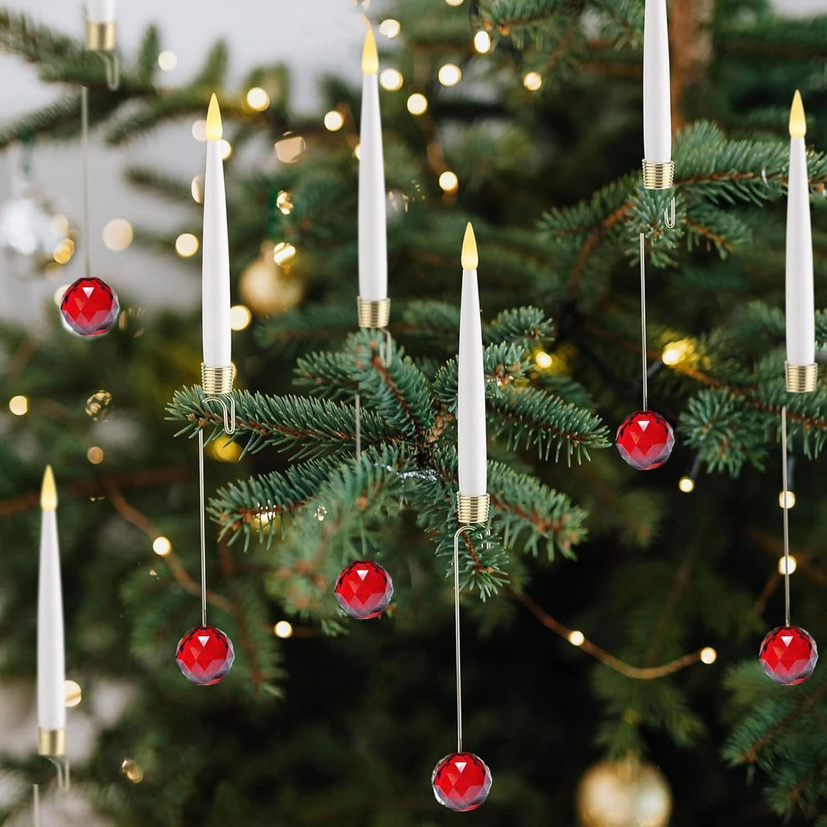 Bougies LED de sapin avec pendentifs boules rouges