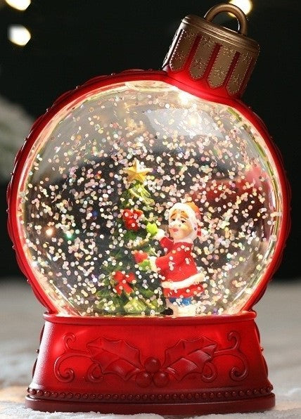 Boule à neige lumineuse avec sapin de Noël, socle rouge
