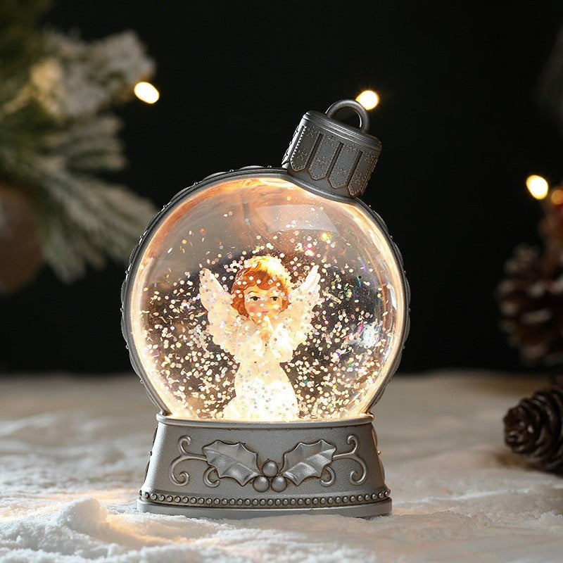Boule à neige lumineuse ange aux ailes blanches, socle argenté