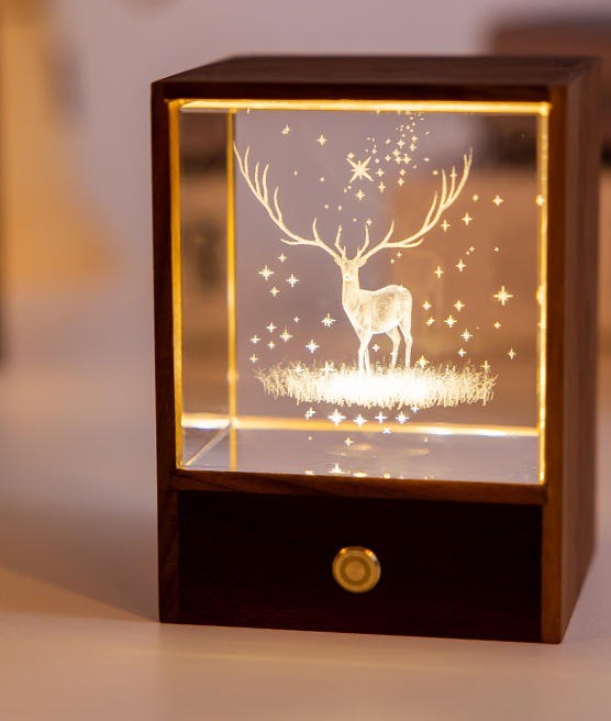 Veilleuse cube de cristal gravé cerf allumée dans la pénombre