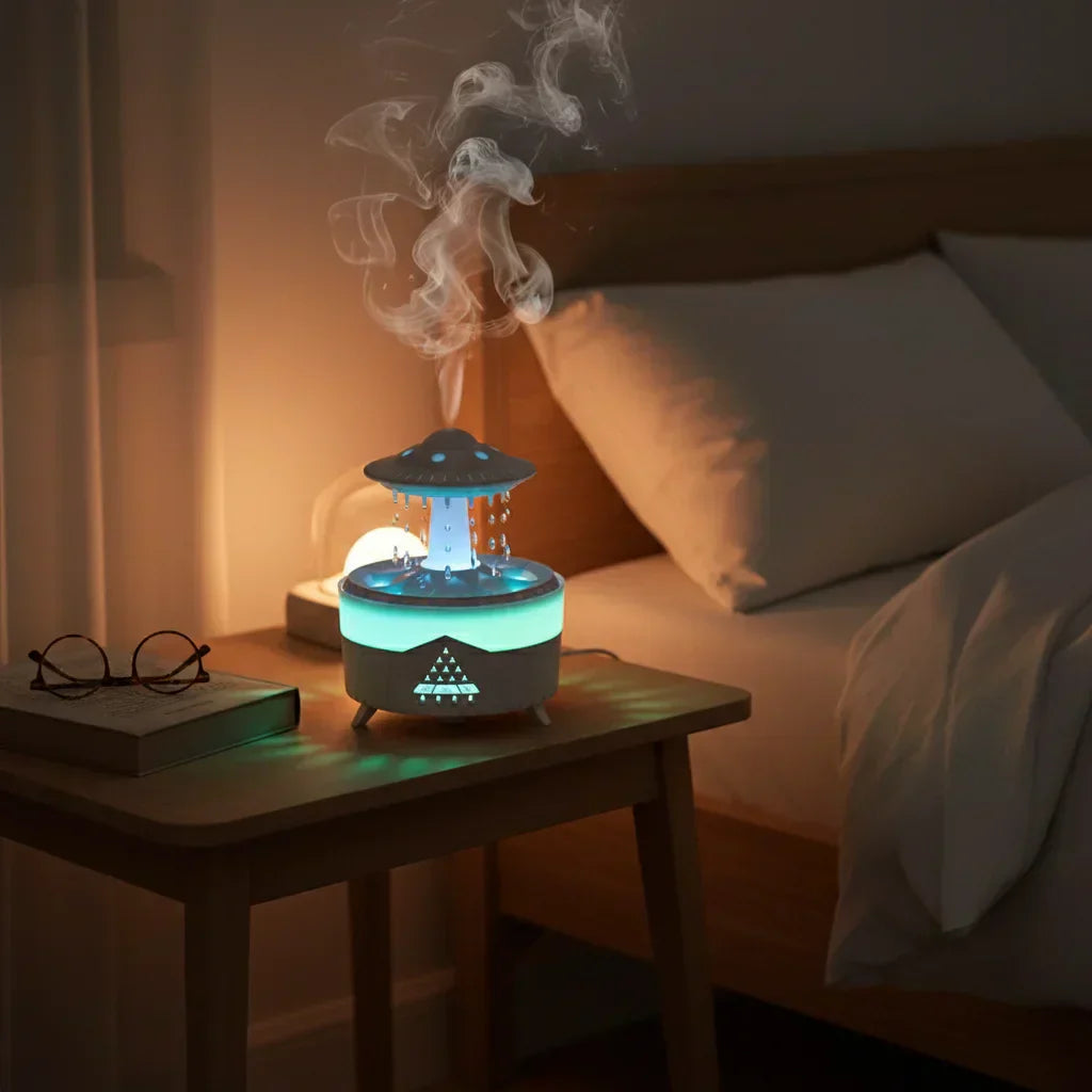 Humidificateur nuage allumé sur une table de chevet