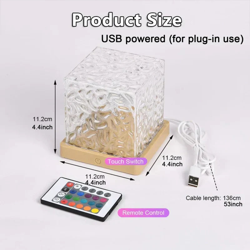 Dimensions de la lampe cube, câble et télécommande