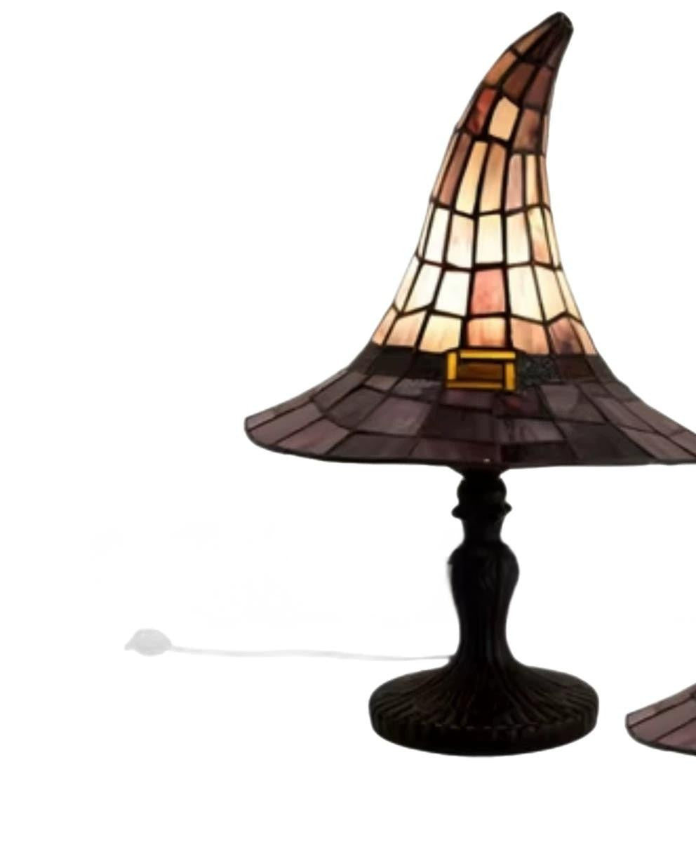 Lampe chapeau de sorcière effet vitrail, tons ambre et brun