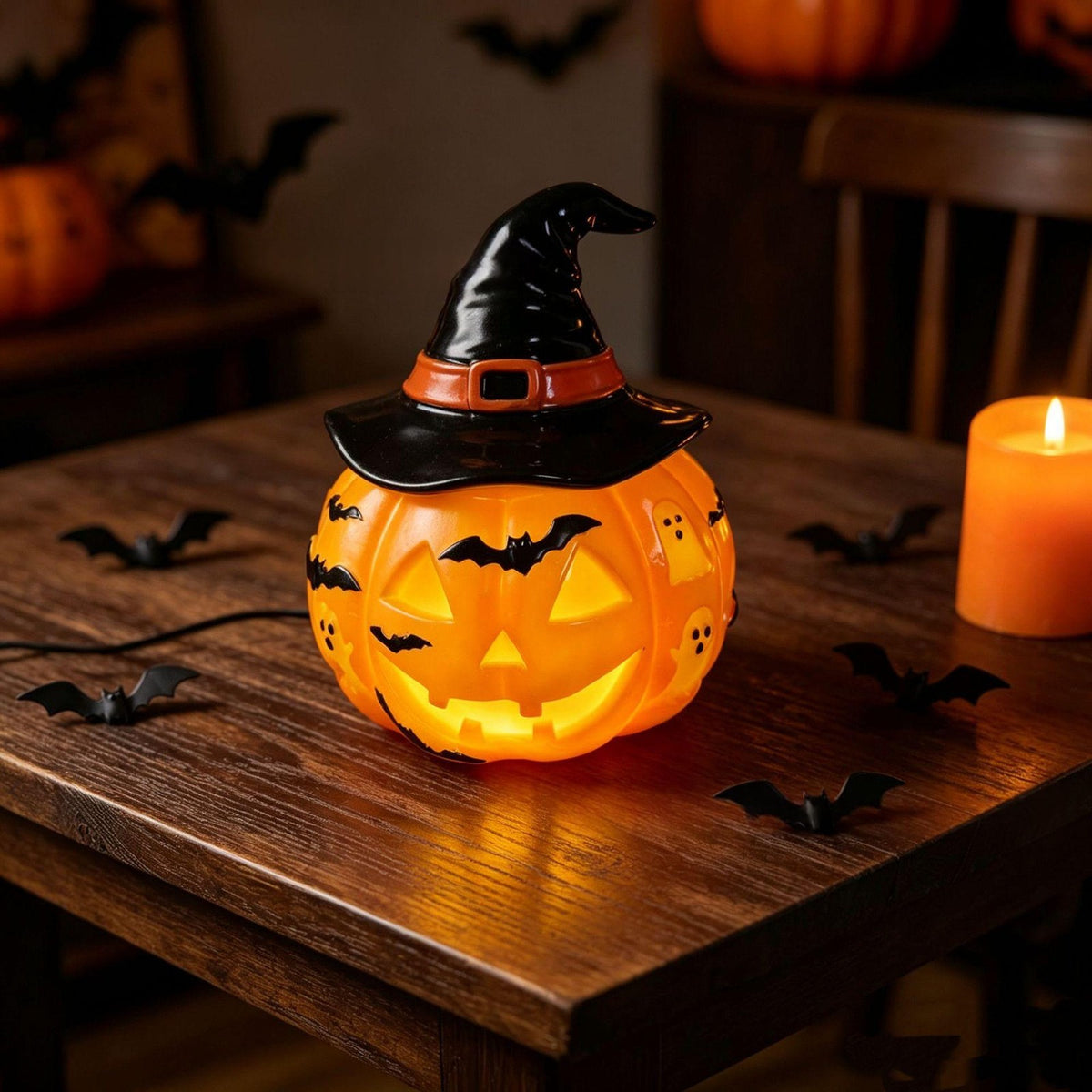 Lampe citrouille en résine au sourire lumineux, décor d’automne
