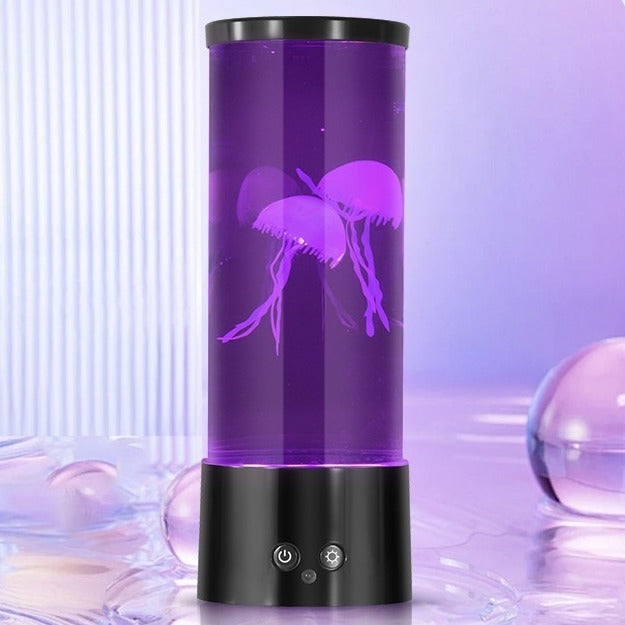 Lampe méduses LED éclairée en violet, méduses en suspension dans la colonne