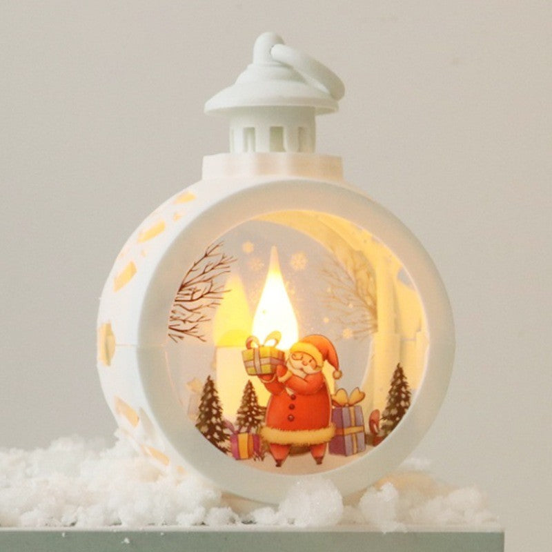 Lanterne ronde blanche avec Père Noël et bougie LED