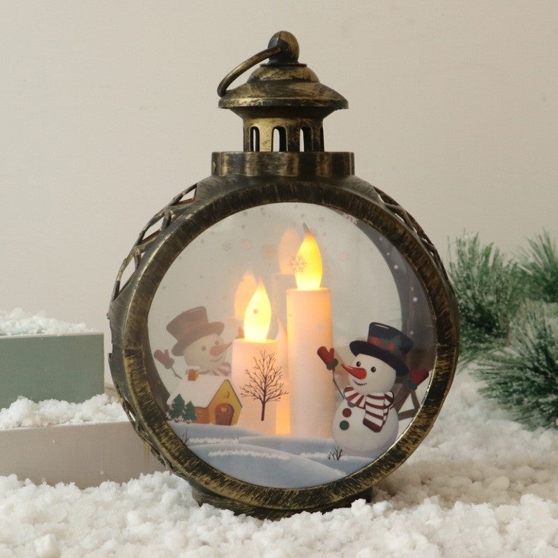 Lanterne ronde bronze avec bonhomme de neige et bougies LED