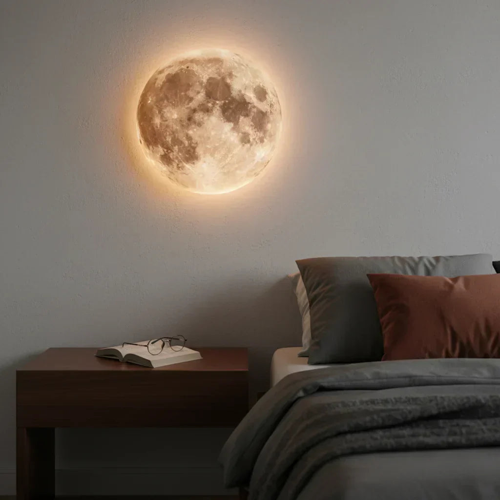 Applique lune allumée au-dessus d’un lit, dans une chambre tamisée