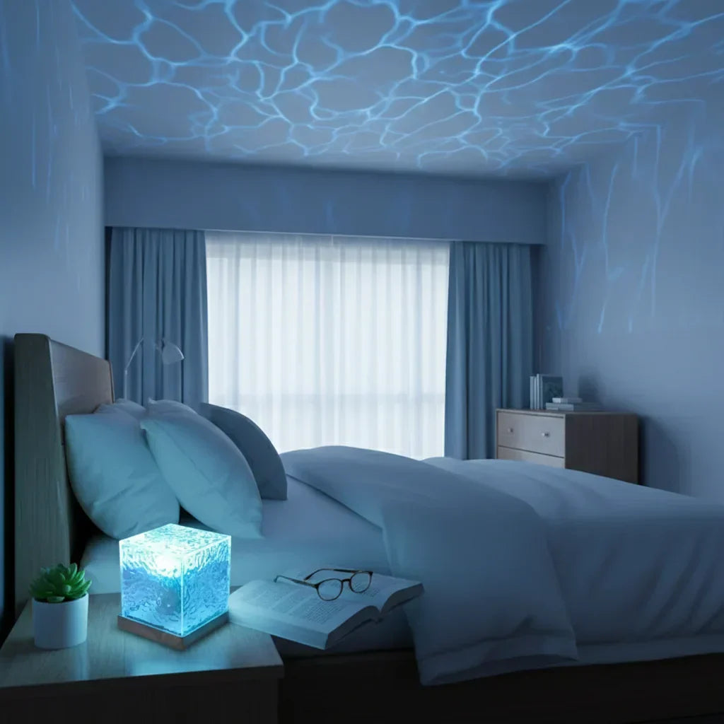 Reflets de vagues bleutées projetés au plafond d’une chambre