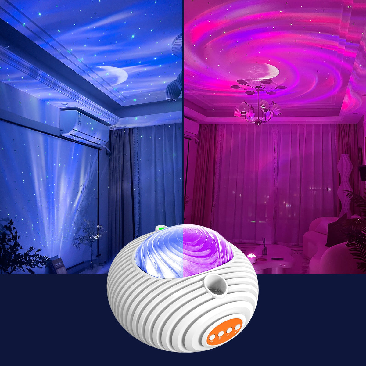 Aurore boréale et ciel étoilé projetés au plafond d’une chambre