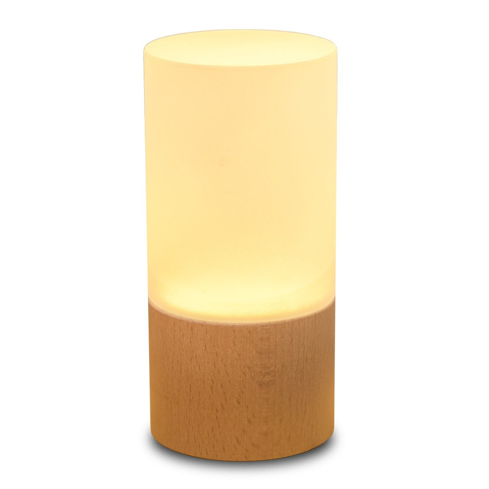 Veilleuse cylindre à socle en bambou, lumière chaude