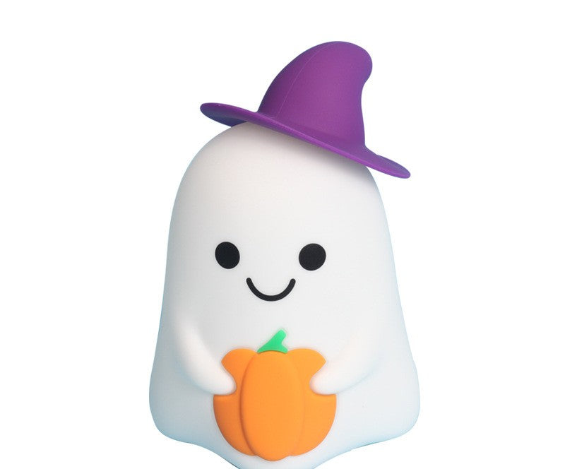 Veilleuse fantôme en silicone avec chapeau de sorcière violet et citrouille