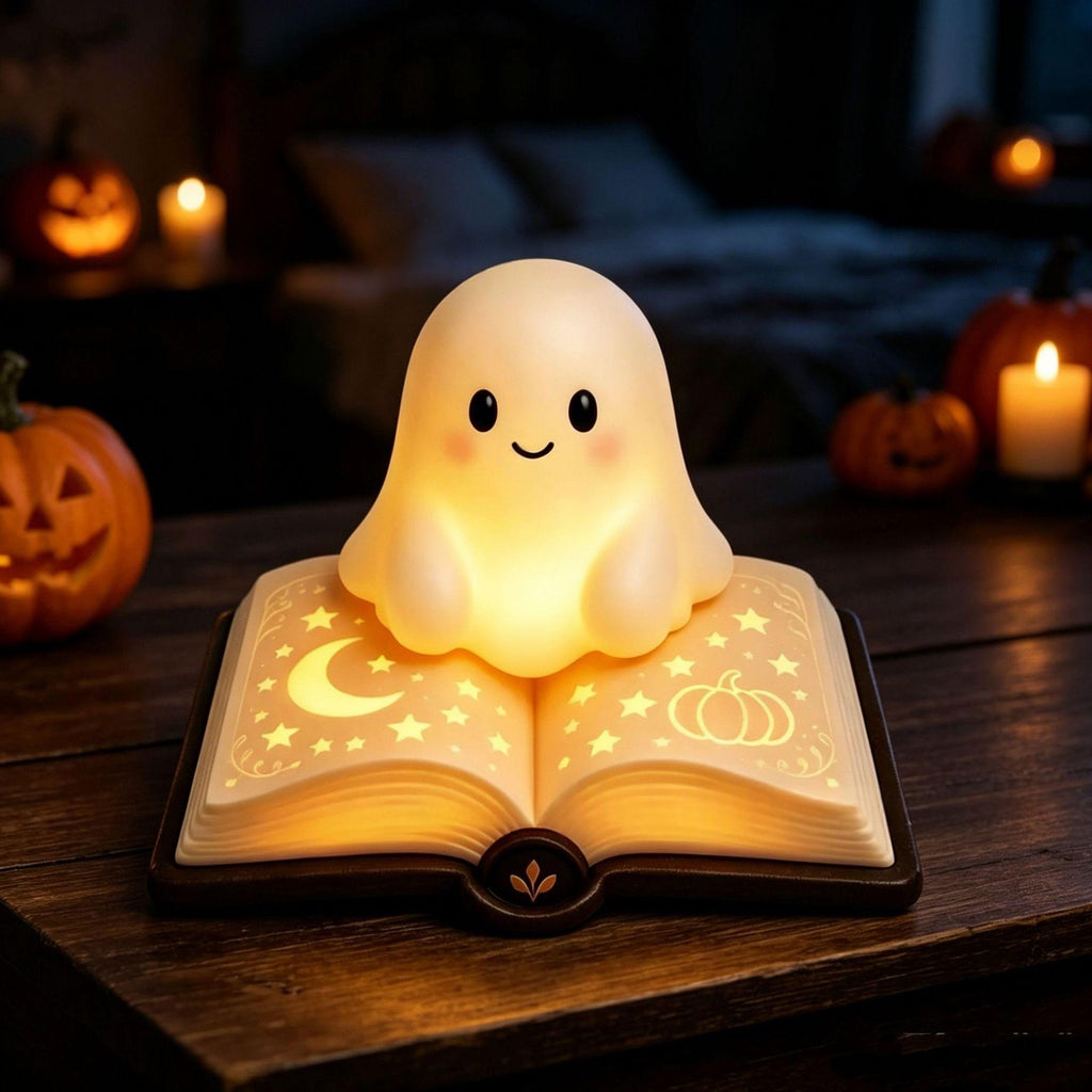 Veilleuse fantôme assis sur un livre magique lumineux, décor d’Halloween