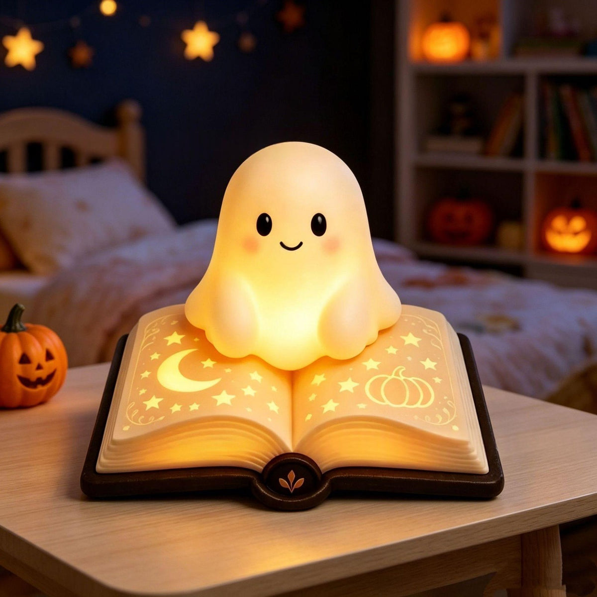 Veilleuse fantôme sur livre magique dans une chambre d’enfant